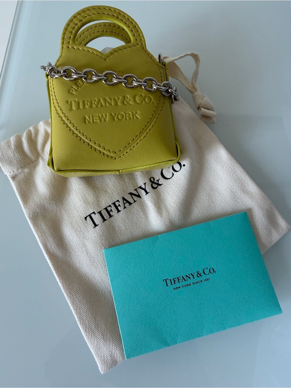 Tiffany & Co. Lime Green Heart mini bag Charm with Silver Chain